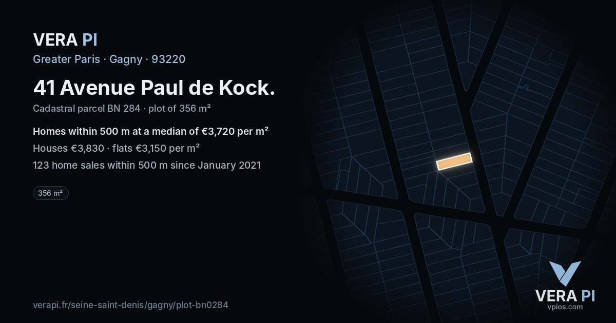41 Avenue Paul de Kock, Gagny at night – the plot lit, the parcels around coloured by the prices near them
