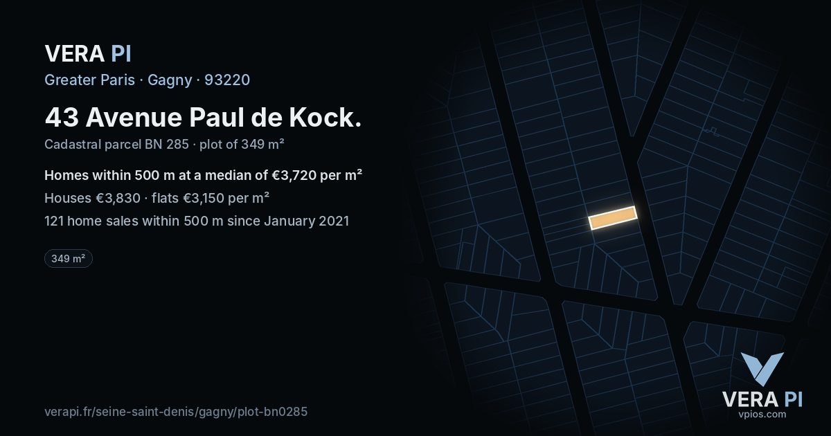 43 Avenue Paul de Kock, Gagny at night – the plot lit, the parcels around coloured by the prices near them