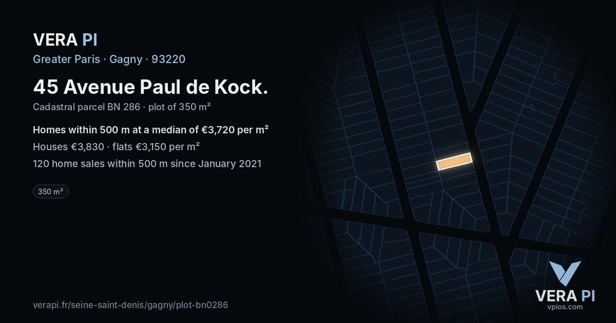 45 Avenue Paul de Kock, Gagny at night – the plot lit, the parcels around coloured by the prices near them