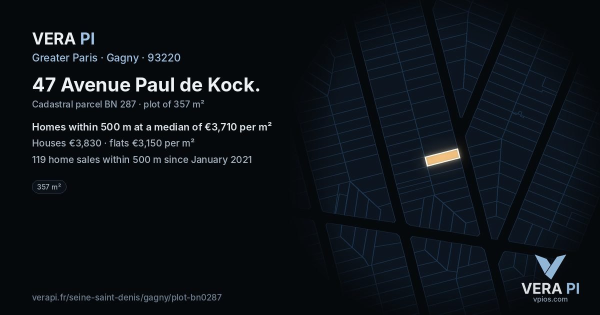 47 Avenue Paul de Kock, Gagny at night – the plot lit, the parcels around coloured by the prices near them