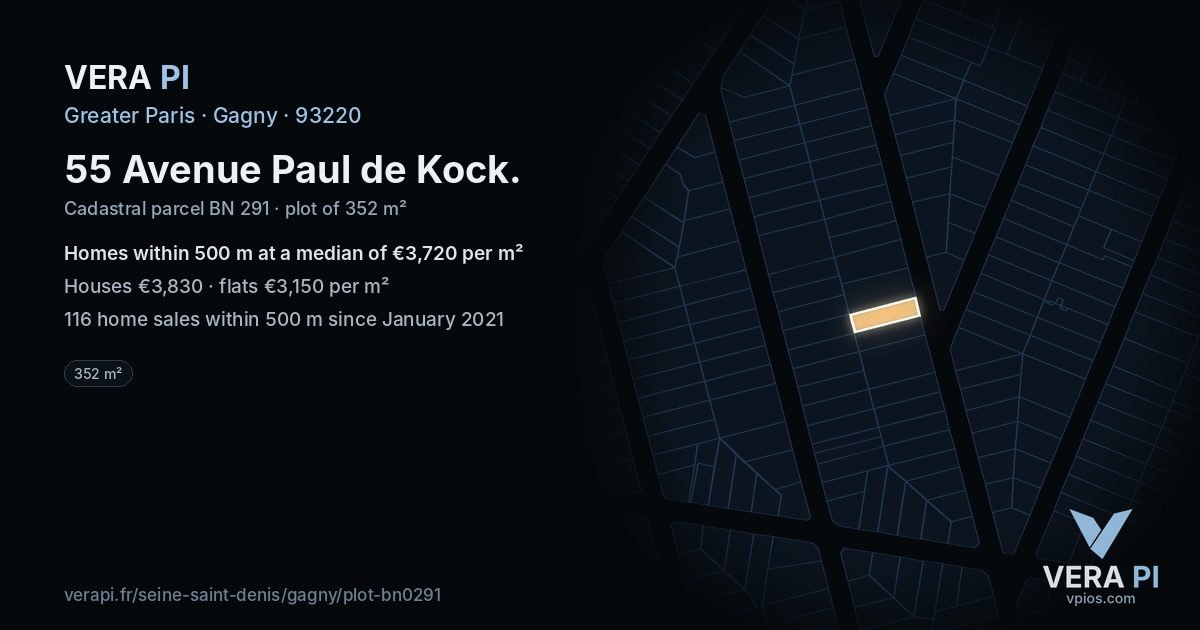 55 Avenue Paul de Kock, Gagny at night – the plot lit, the parcels around coloured by the prices near them