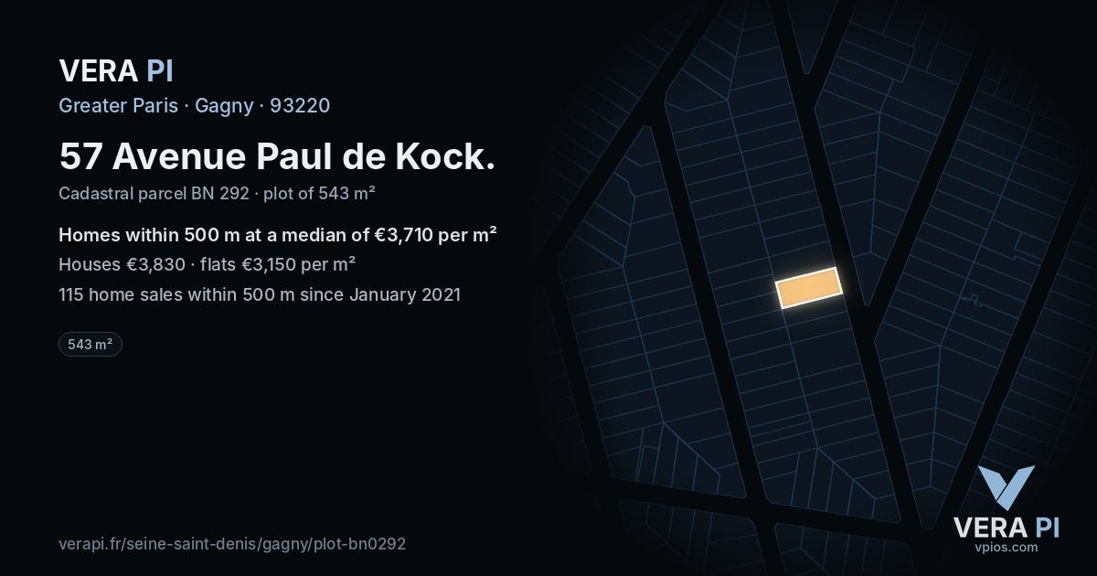 57 Avenue Paul de Kock, Gagny at night – the plot lit, the parcels around coloured by the prices near them