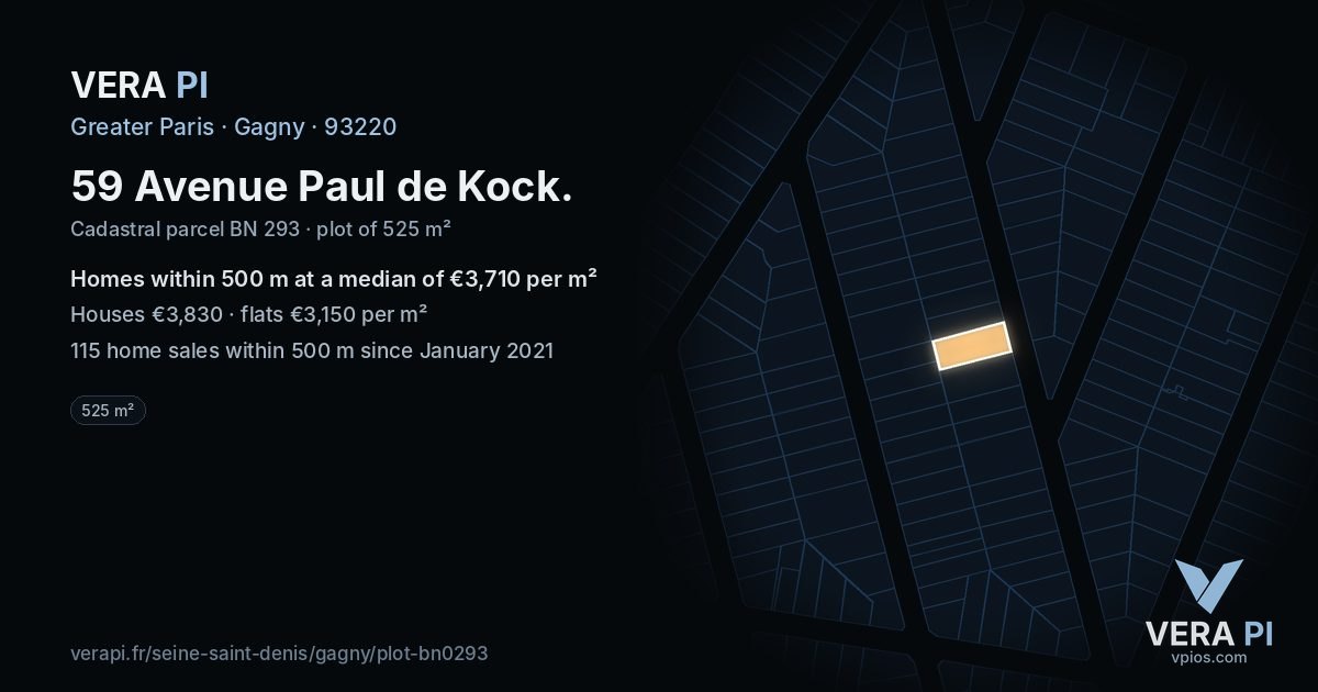 59 Avenue Paul de Kock, Gagny at night – the plot lit, the parcels around coloured by the prices near them