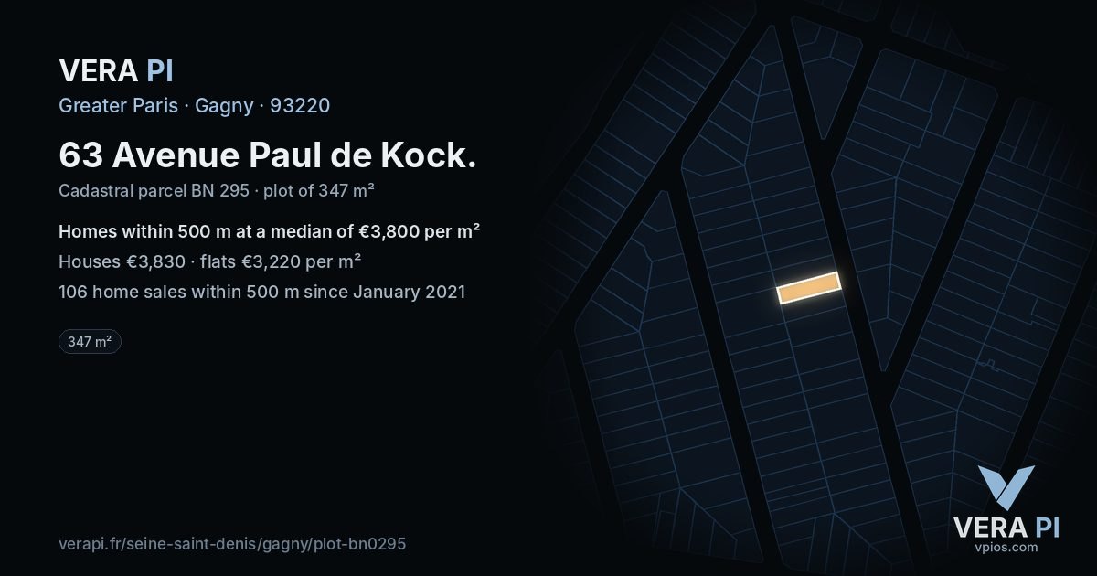 63 Avenue Paul de Kock, Gagny at night – the plot lit, the parcels around coloured by the prices near them