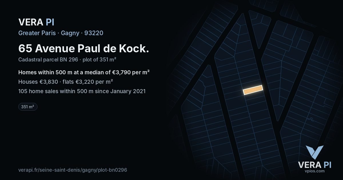 65 Avenue Paul de Kock, Gagny at night – the plot lit, the parcels around coloured by the prices near them