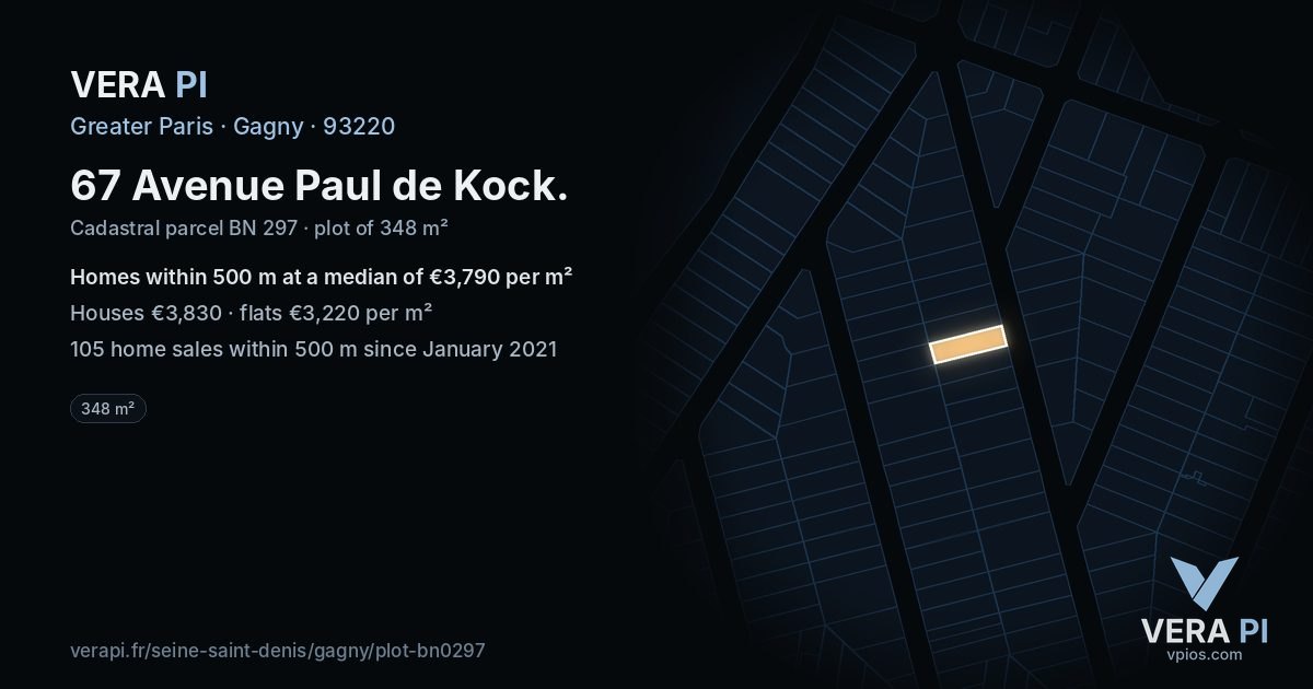 67 Avenue Paul de Kock, Gagny at night – the plot lit, the parcels around coloured by the prices near them