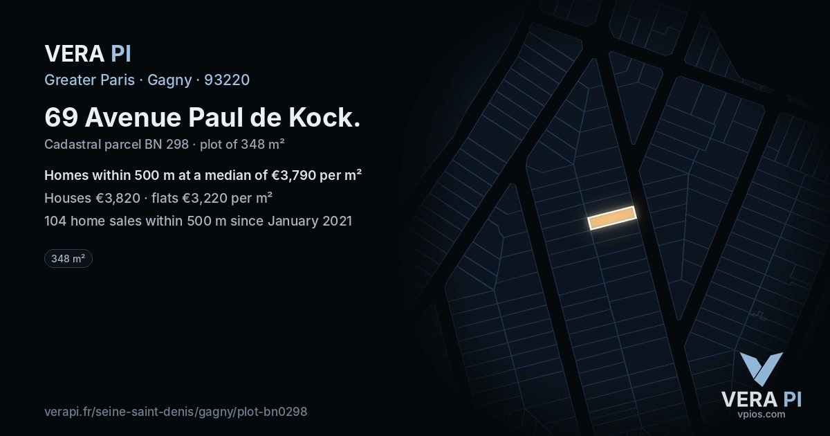 69 Avenue Paul de Kock, Gagny at night – the plot lit, the parcels around coloured by the prices near them