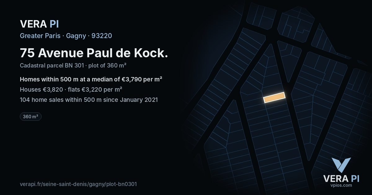 75 Avenue Paul de Kock, Gagny at night – the plot lit, the parcels around coloured by the prices near them