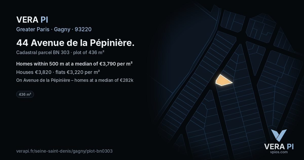 44 Avenue de la Pépinière, Gagny at night – the plot lit, the parcels around coloured by the prices near them