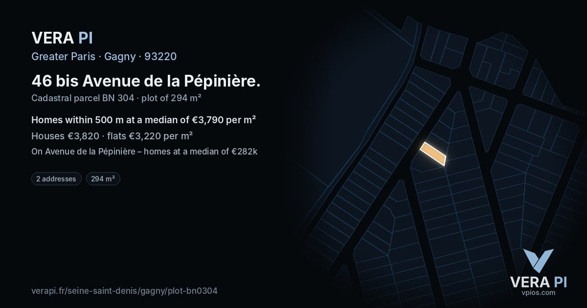 46 bis Avenue de la Pépinière, Gagny at night – the plot lit, the parcels around coloured by the prices near them