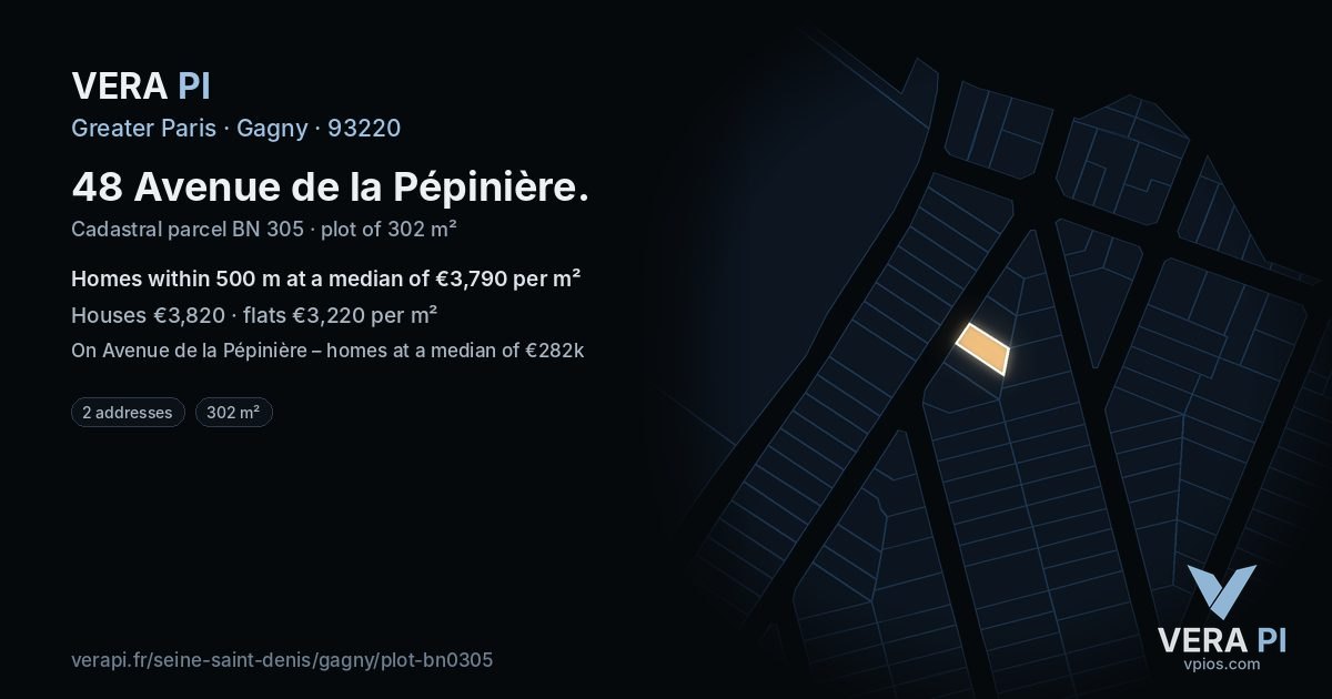 48 Avenue de la Pépinière, Gagny at night – the plot lit, the parcels around coloured by the prices near them