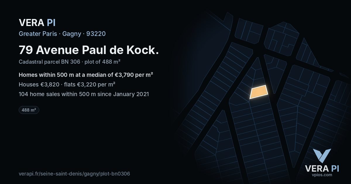 79 Avenue Paul de Kock, Gagny at night – the plot lit, the parcels around coloured by the prices near them