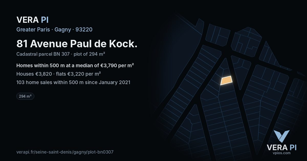 81 Avenue Paul de Kock, Gagny at night – the plot lit, the parcels around coloured by the prices near them