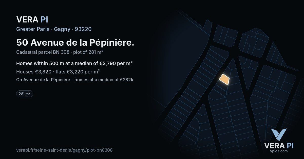 50 Avenue de la Pépinière, Gagny at night – the plot lit, the parcels around coloured by the prices near them