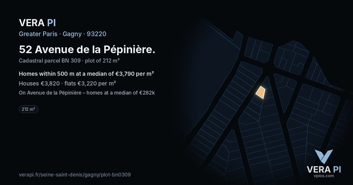 52 Avenue de la Pépinière, Gagny at night – the plot lit, the parcels around coloured by the prices near them
