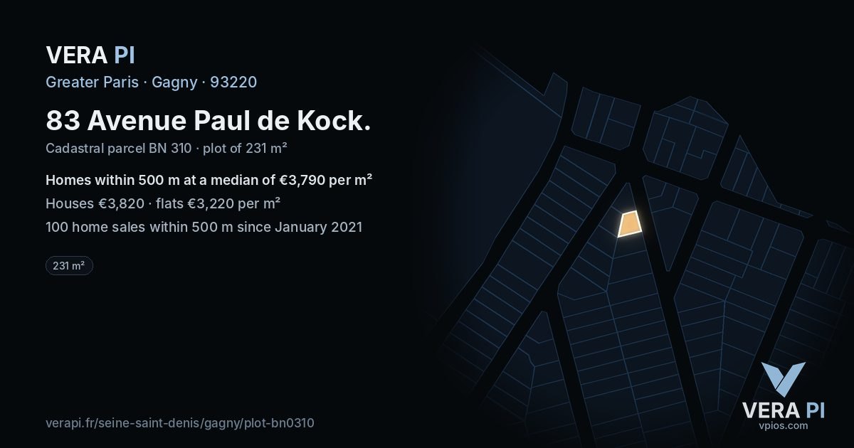 83 Avenue Paul de Kock, Gagny at night – the plot lit, the parcels around coloured by the prices near them
