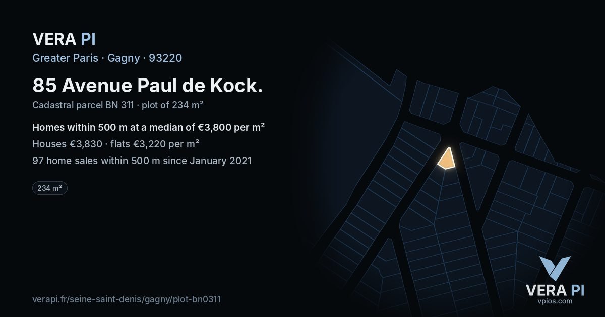 85 Avenue Paul de Kock, Gagny at night – the plot lit, the parcels around coloured by the prices near them
