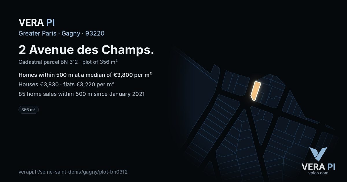 2 Avenue des Champs, Gagny at night – the plot lit, the parcels around coloured by the prices near them