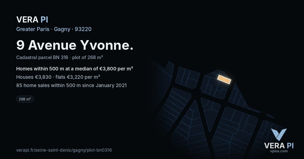 9 Avenue Yvonne, Gagny at night – the plot lit, the parcels around coloured by the prices near them