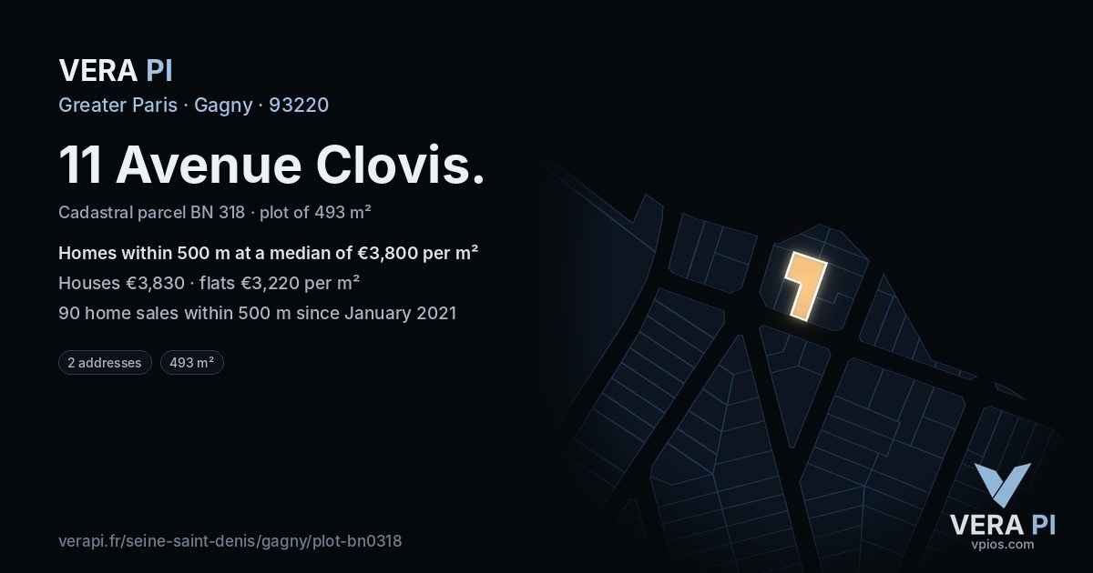 11 Avenue Clovis, Gagny at night – the plot lit, the parcels around coloured by the prices near them