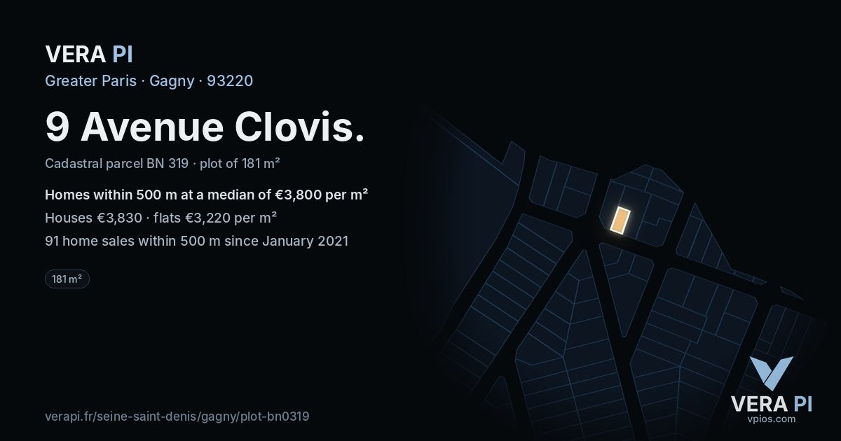 9 Avenue Clovis, Gagny at night – the plot lit, the parcels around coloured by the prices near them