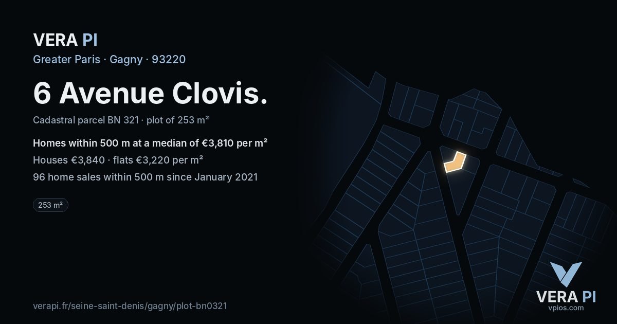 6 Avenue Clovis, Gagny at night – the plot lit, the parcels around coloured by the prices near them