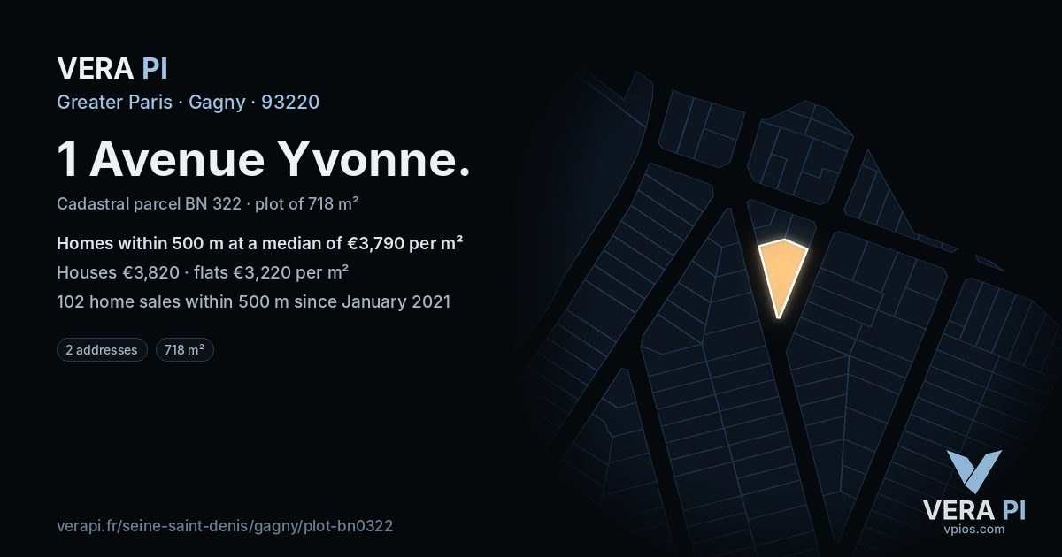 1 Avenue Yvonne, Gagny at night – the plot lit, the parcels around coloured by the prices near them