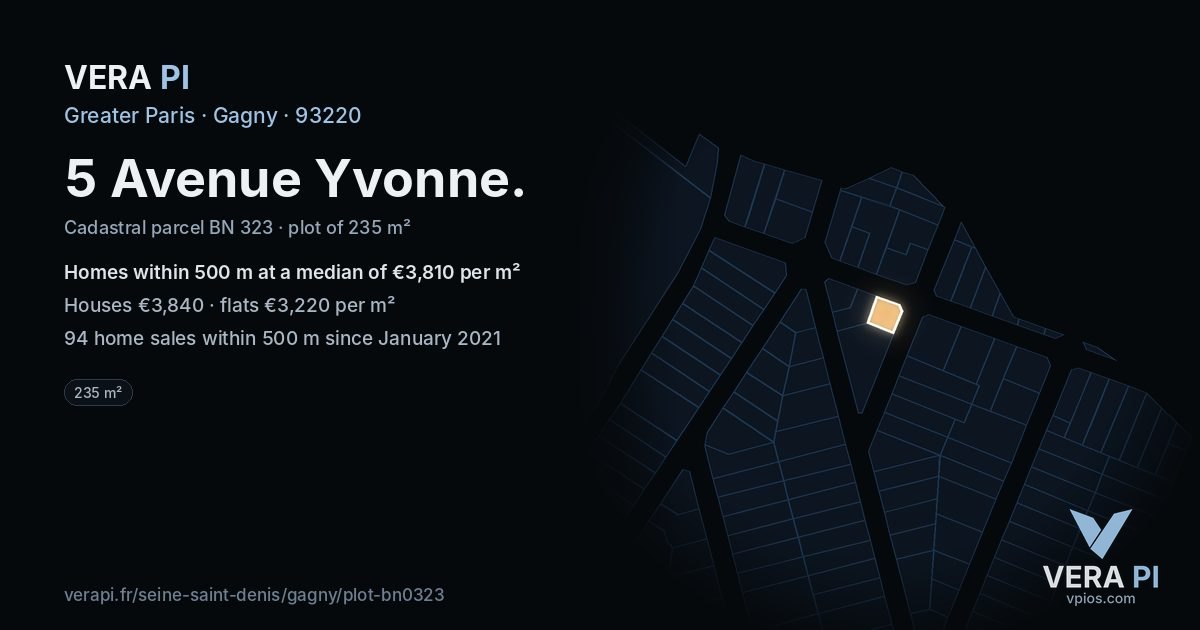 5 Avenue Yvonne, Gagny at night – the plot lit, the parcels around coloured by the prices near them