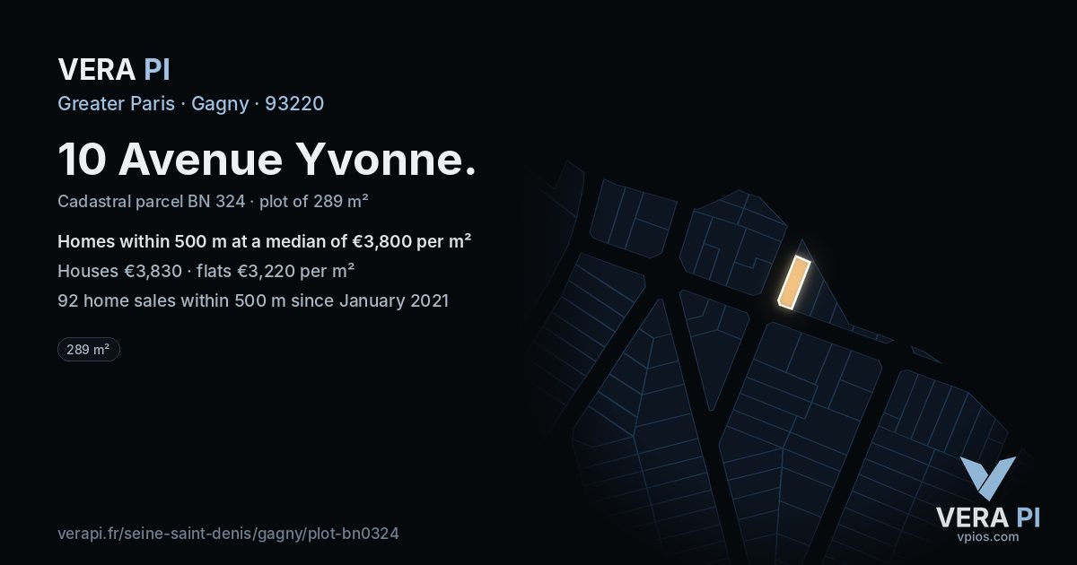 10 Avenue Yvonne, Gagny at night – the plot lit, the parcels around coloured by the prices near them