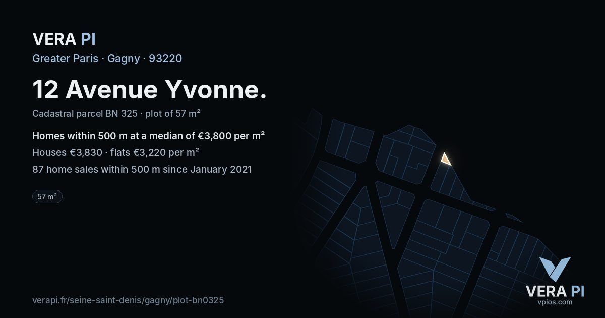 12 Avenue Yvonne, Gagny at night – the plot lit, the parcels around coloured by the prices near them