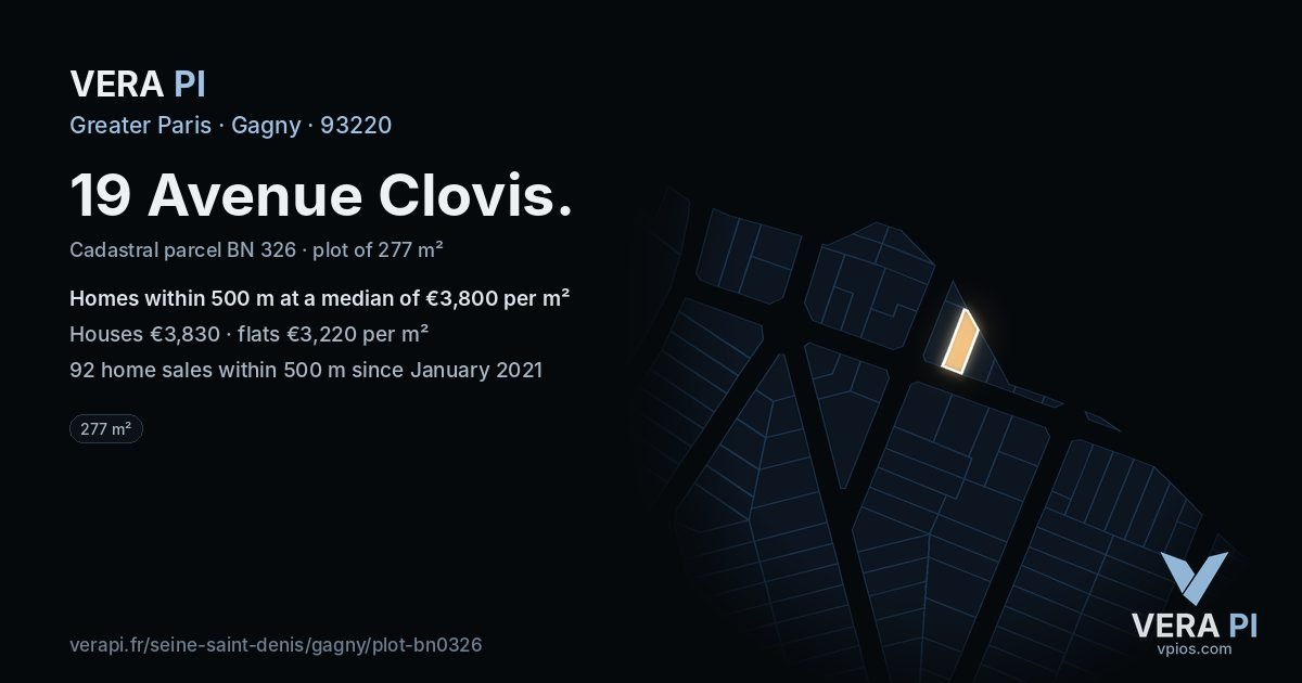 19 Avenue Clovis, Gagny at night – the plot lit, the parcels around coloured by the prices near them