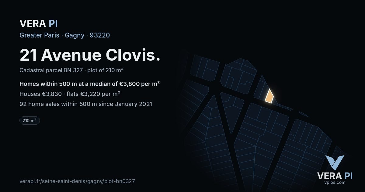 21 Avenue Clovis, Gagny at night – the plot lit, the parcels around coloured by the prices near them