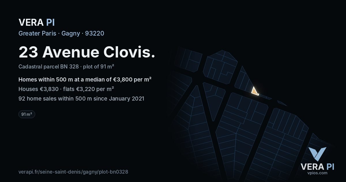 23 Avenue Clovis, Gagny at night – the plot lit, the parcels around coloured by the prices near them