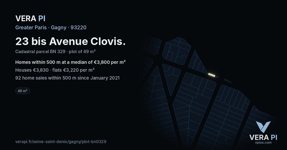 23 bis Avenue Clovis, Gagny at night – the plot lit, the parcels around coloured by the prices near them