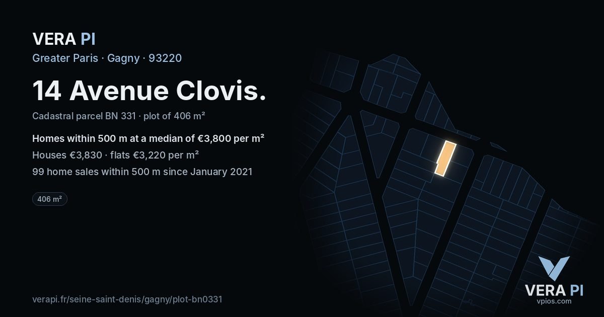 14 Avenue Clovis, Gagny at night – the plot lit, the parcels around coloured by the prices near them