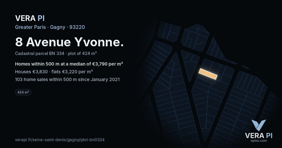 8 Avenue Yvonne, Gagny at night – the plot lit, the parcels around coloured by the prices near them