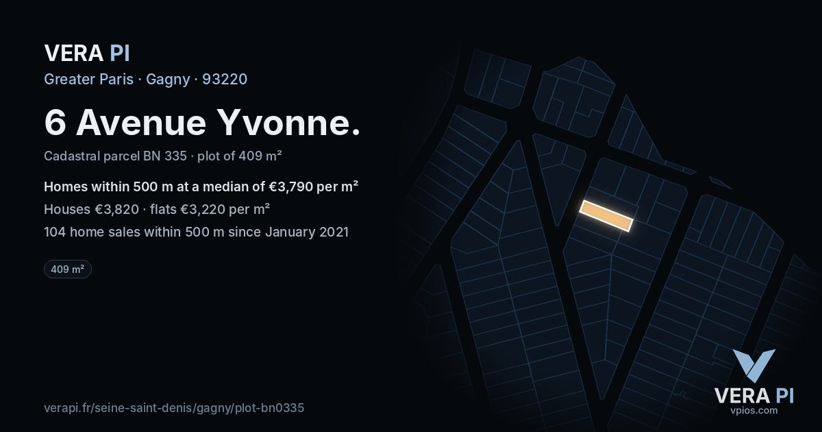 6 Avenue Yvonne, Gagny at night – the plot lit, the parcels around coloured by the prices near them