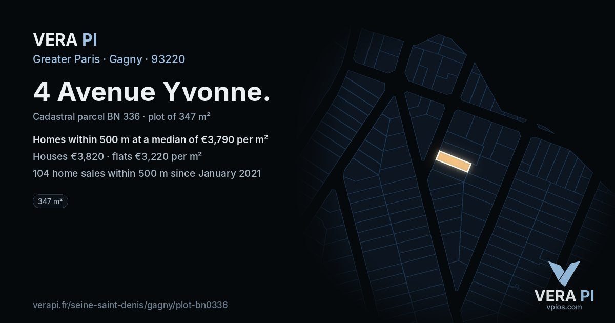 4 Avenue Yvonne, Gagny at night – the plot lit, the parcels around coloured by the prices near them