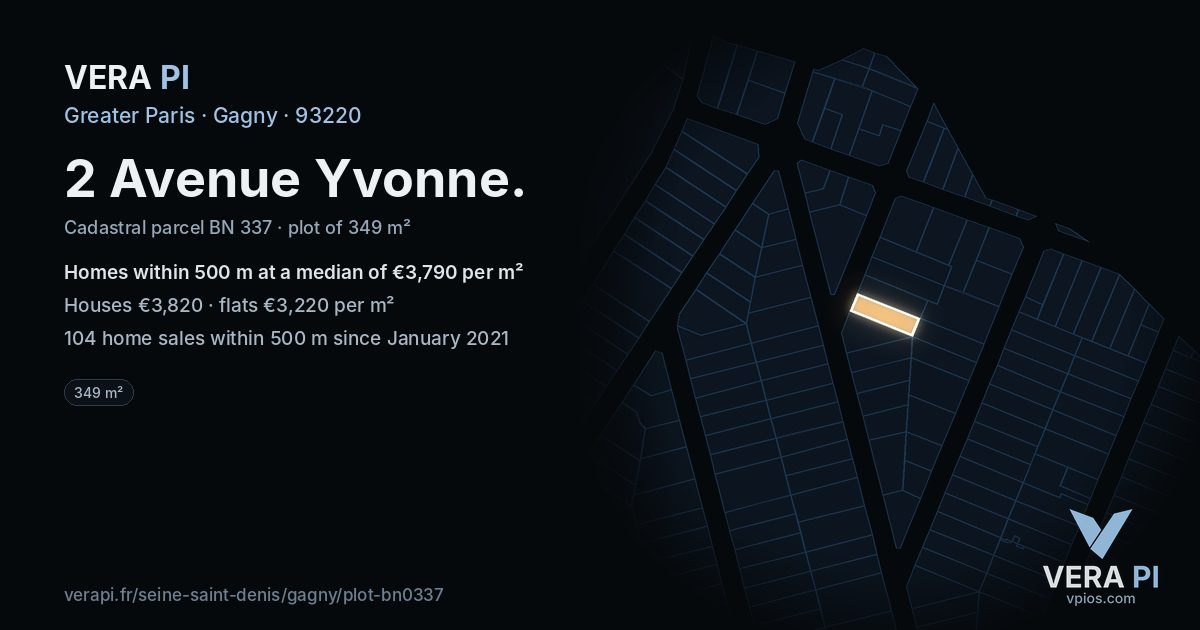 2 Avenue Yvonne, Gagny at night – the plot lit, the parcels around coloured by the prices near them