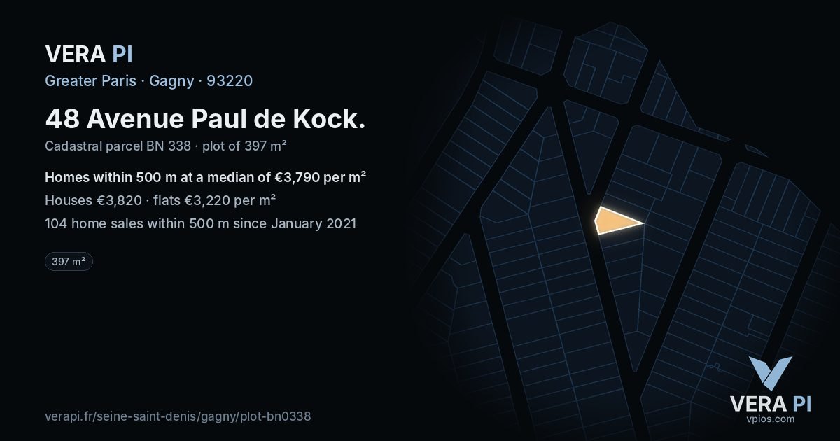 48 Avenue Paul de Kock, Gagny at night – the plot lit, the parcels around coloured by the prices near them