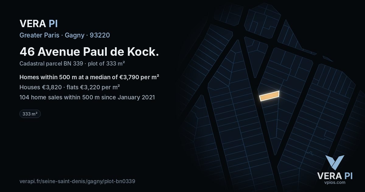 46 Avenue Paul de Kock, Gagny at night – the plot lit, the parcels around coloured by the prices near them