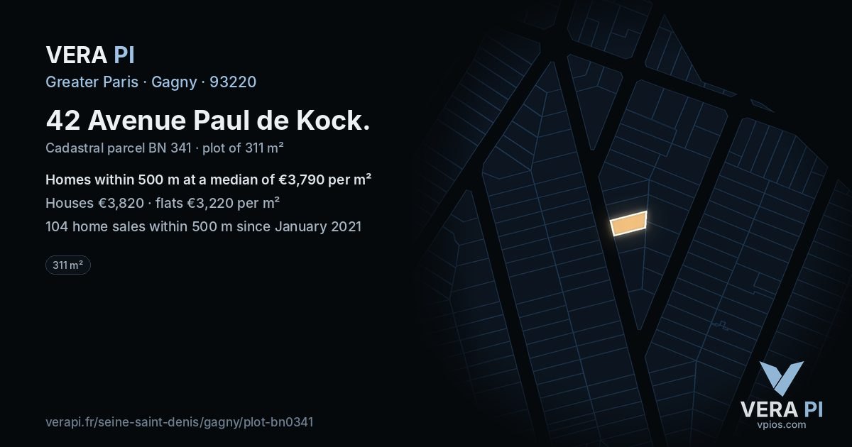 42 Avenue Paul de Kock, Gagny at night – the plot lit, the parcels around coloured by the prices near them