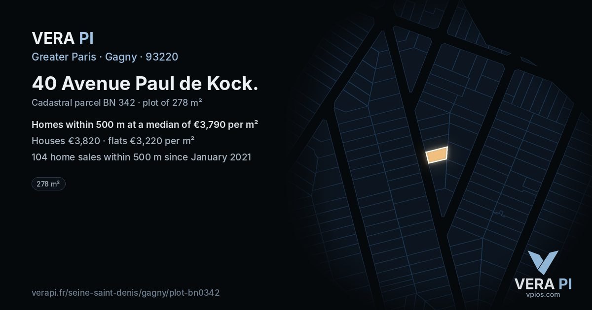 40 Avenue Paul de Kock, Gagny at night – the plot lit, the parcels around coloured by the prices near them