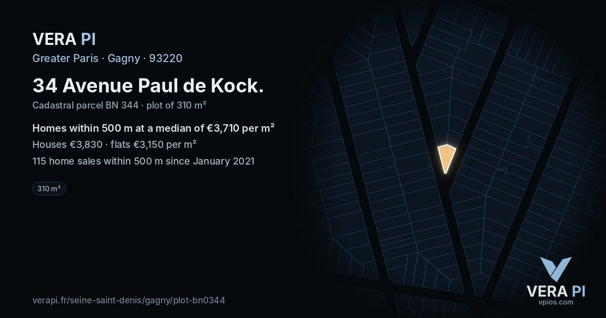 34 Avenue Paul de Kock, Gagny at night – the plot lit, the parcels around coloured by the prices near them