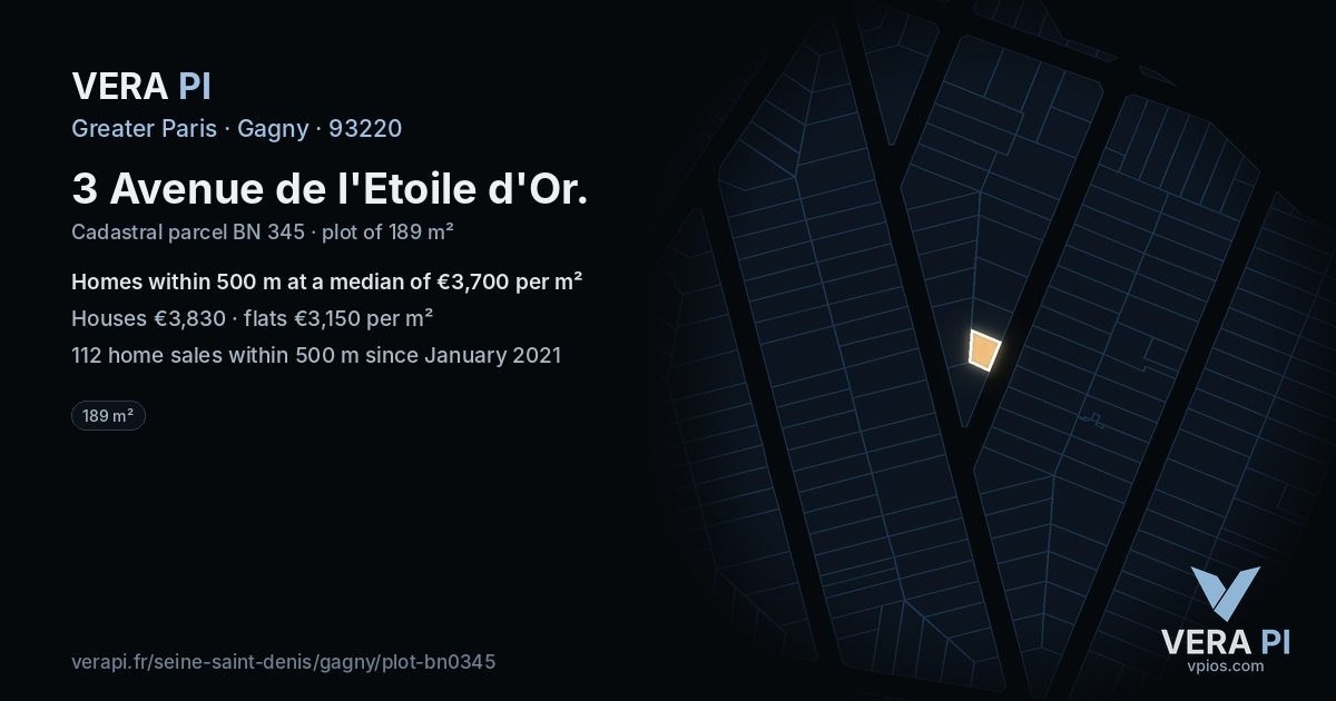 3 Avenue de l'Etoile d'Or, Gagny at night – the plot lit, the parcels around coloured by the prices near them
