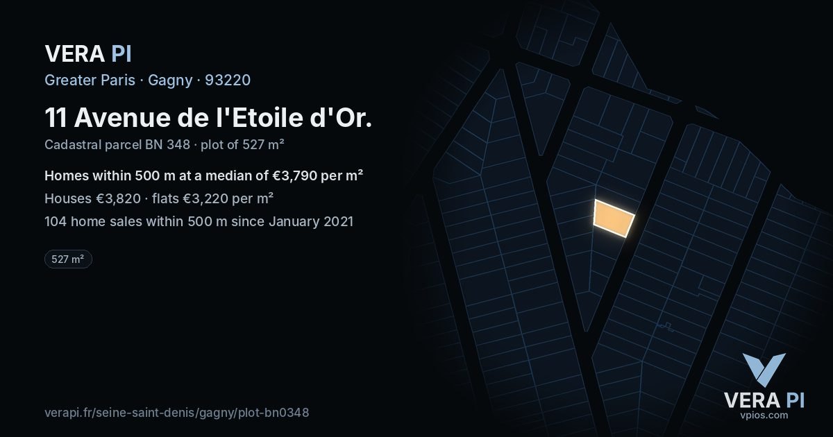 11 Avenue de l'Etoile d'Or, Gagny at night – the plot lit, the parcels around coloured by the prices near them