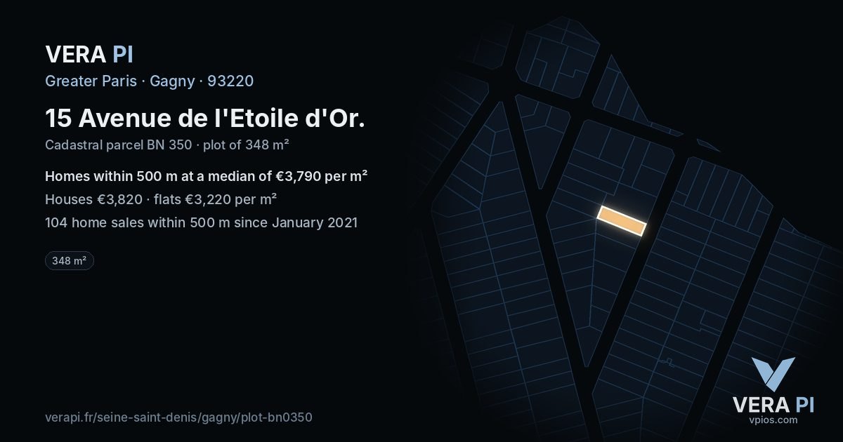 15 Avenue de l'Etoile d'Or, Gagny at night – the plot lit, the parcels around coloured by the prices near them