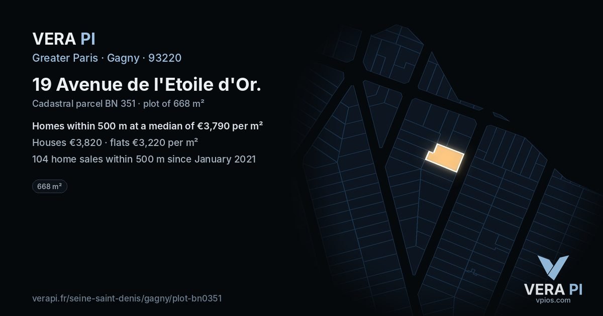 19 Avenue de l'Etoile d'Or, Gagny at night – the plot lit, the parcels around coloured by the prices near them