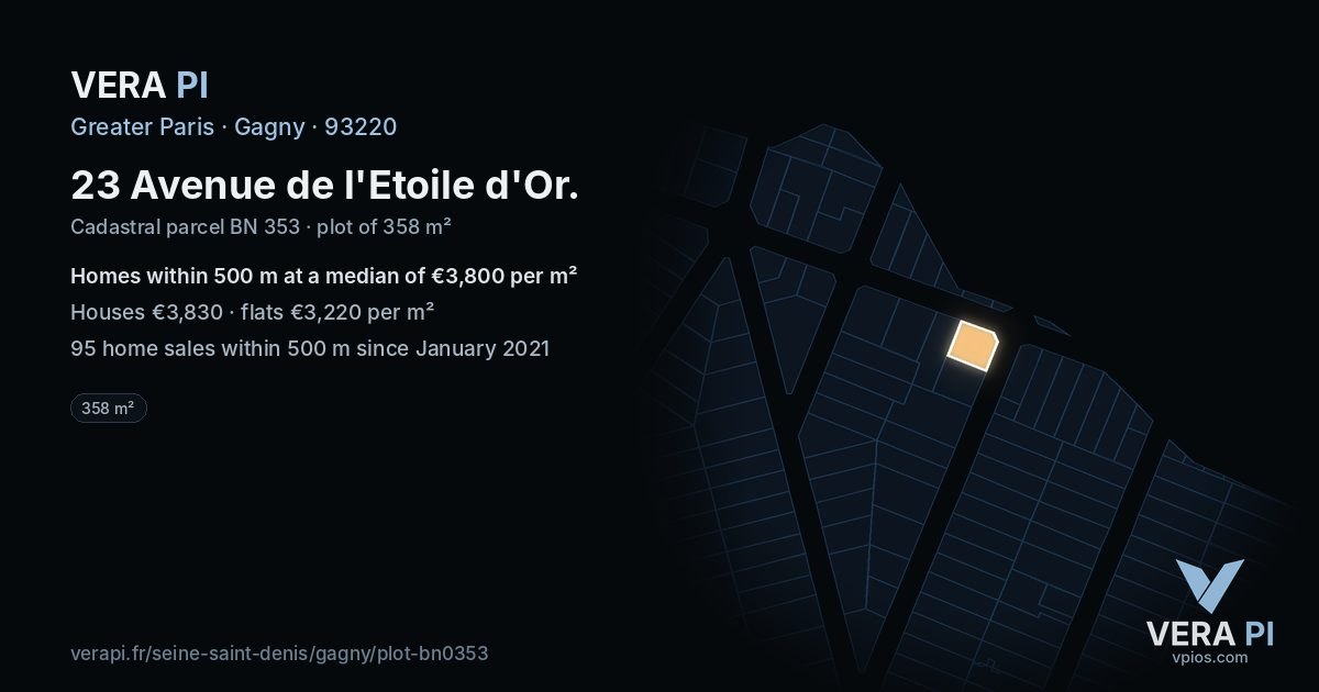 23 Avenue de l'Etoile d'Or, Gagny at night – the plot lit, the parcels around coloured by the prices near them