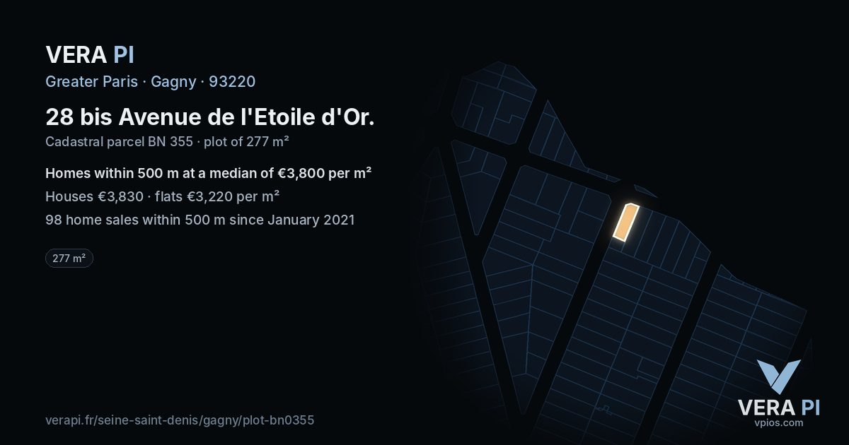 28 bis Avenue de l'Etoile d'Or, Gagny at night – the plot lit, the parcels around coloured by the prices near them
